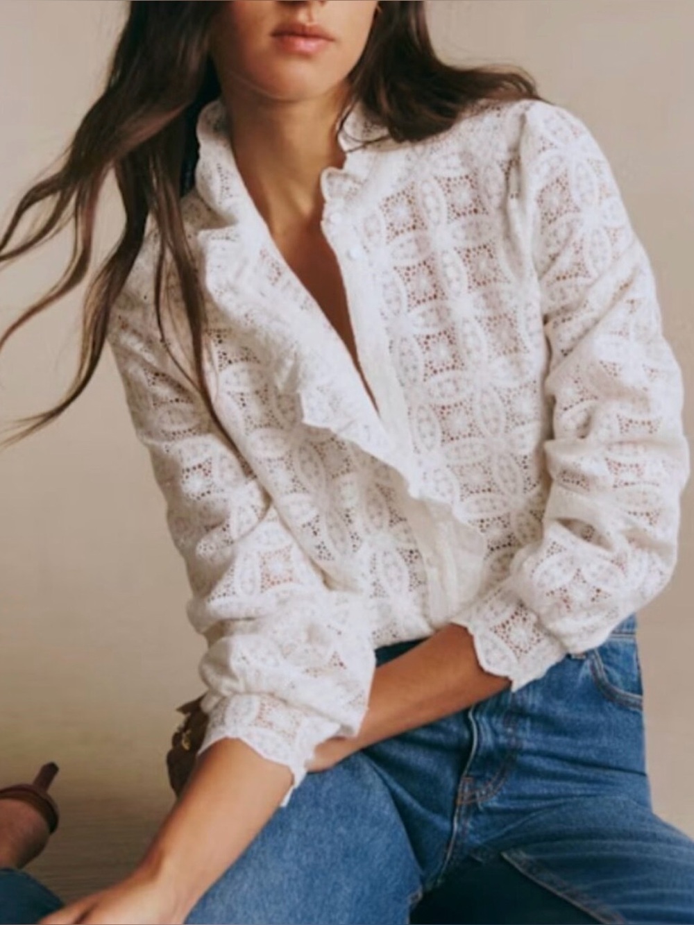 NWT Sezane Chlo Shirt Ecru Guipure white lace button up long sleeve top blouse